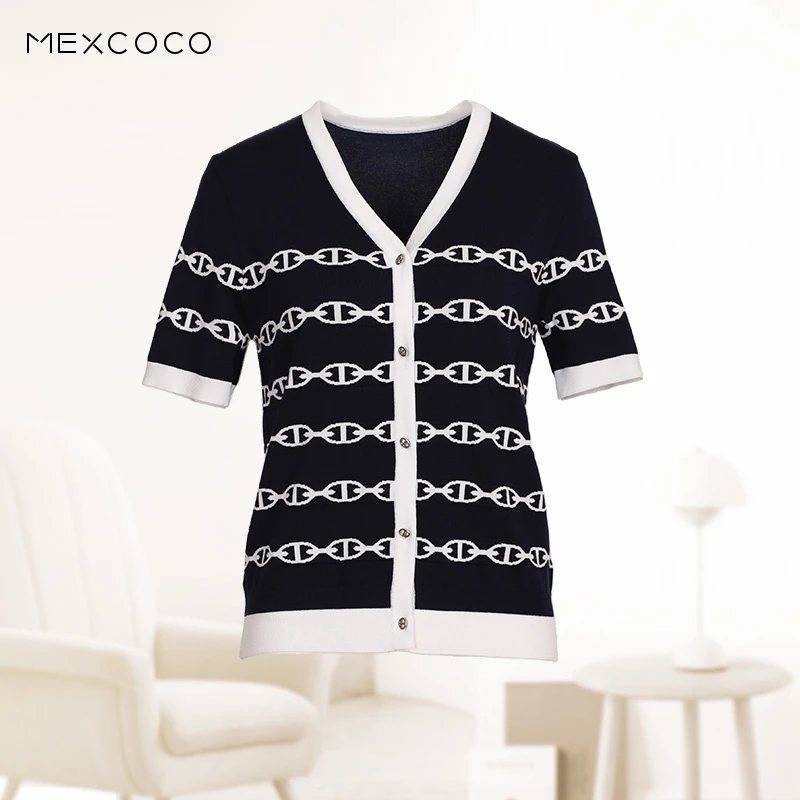 MEXCOCO/兰瑟儿夏季新款百搭薄款上衣时尚V领花纹针织衫105XZ5124