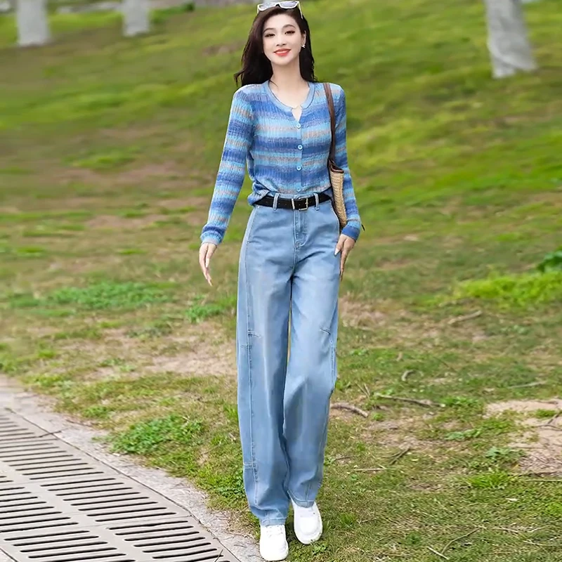 时尚彩虹条纹长袖针织衫女2025春季新款气质毛衣休闲百搭两件套