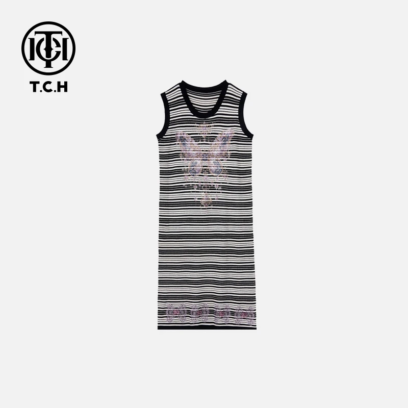 TCH烫钻工艺休闲条纹蝴蝶结连衣裙女T75A30E5002轻奢tch