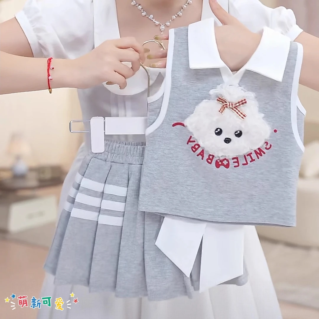女童卡通POLO衫短裙套装2025无袖蝴蝶结镂空上衣学院风JK短裙夏装