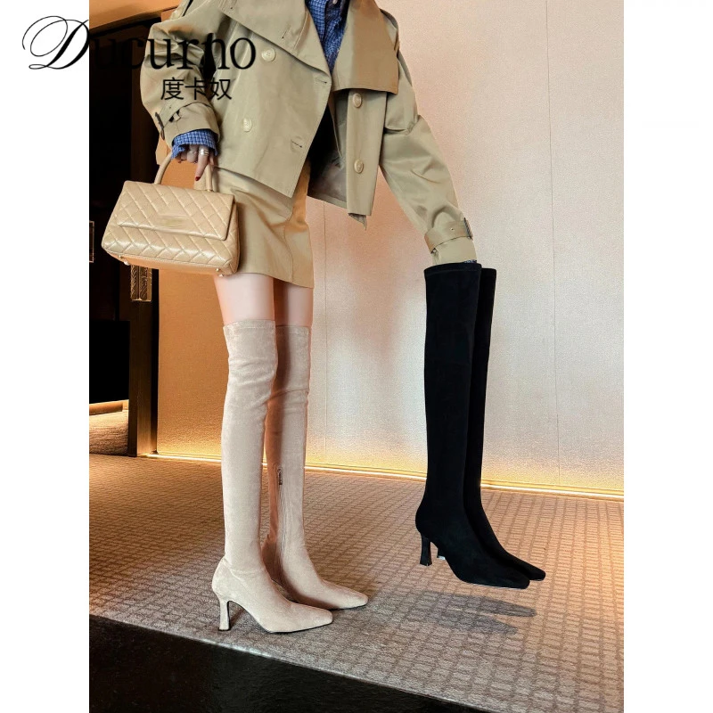 是腿精呀~韩版过膝长靴女2025新款方头高跟弹力显瘦卡其色长筒靴