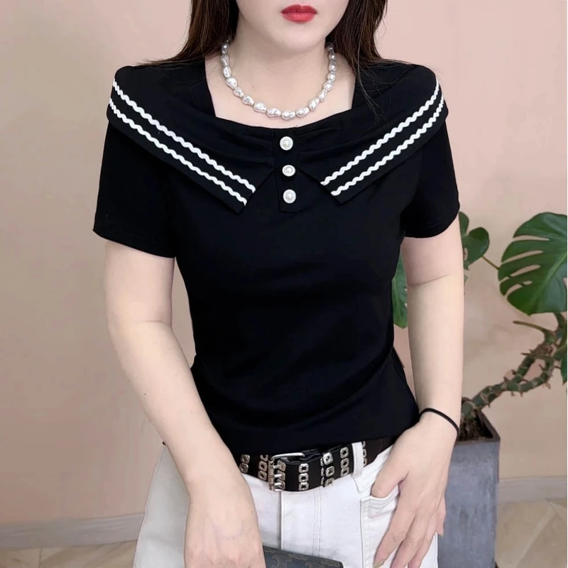 2025春夏款新品时尚百搭修身显瘦法式个性设计感女士短袖上衣7931