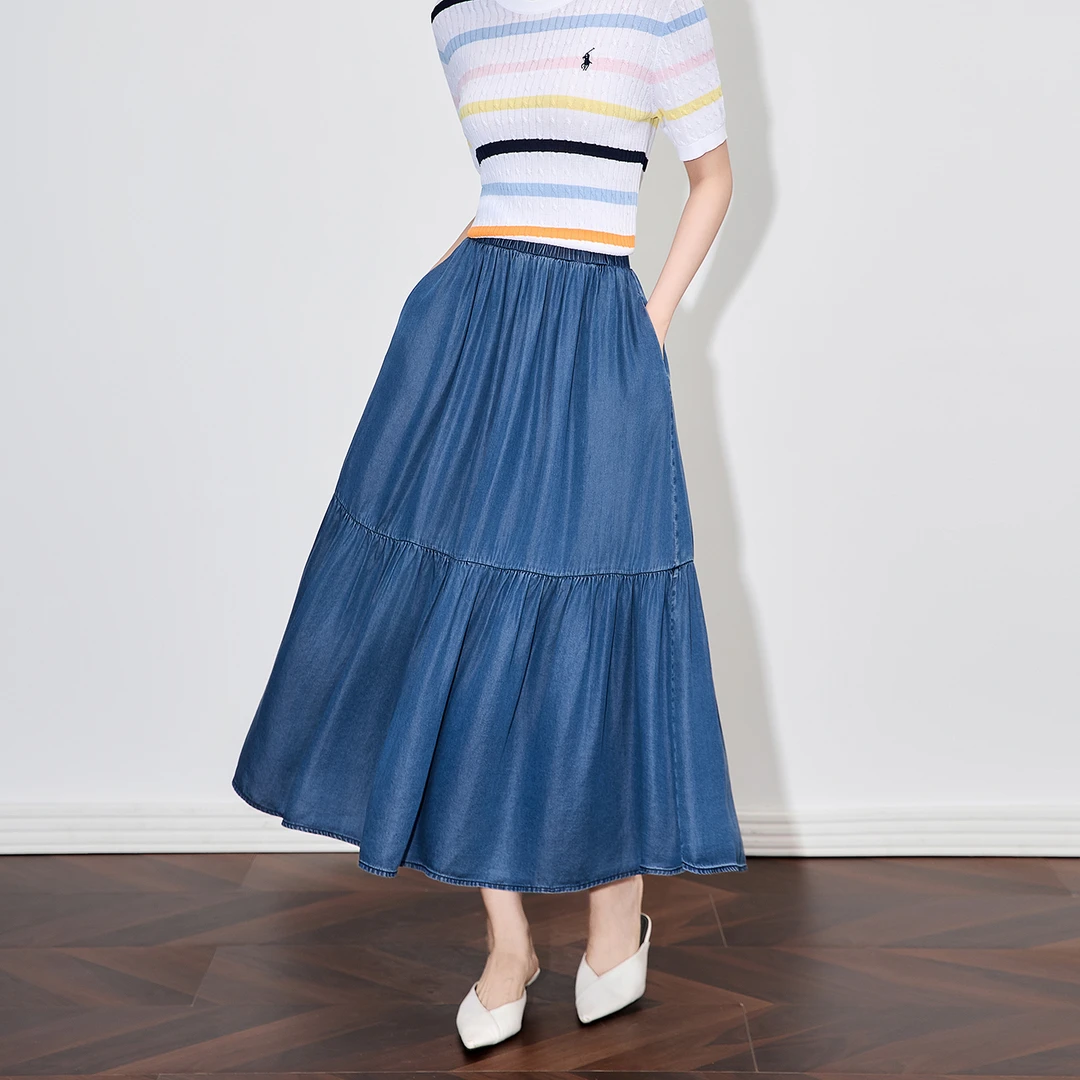 2509201-高货复古怀旧牛仔拼接设计松紧腰半身裙女夏新款长裙长款