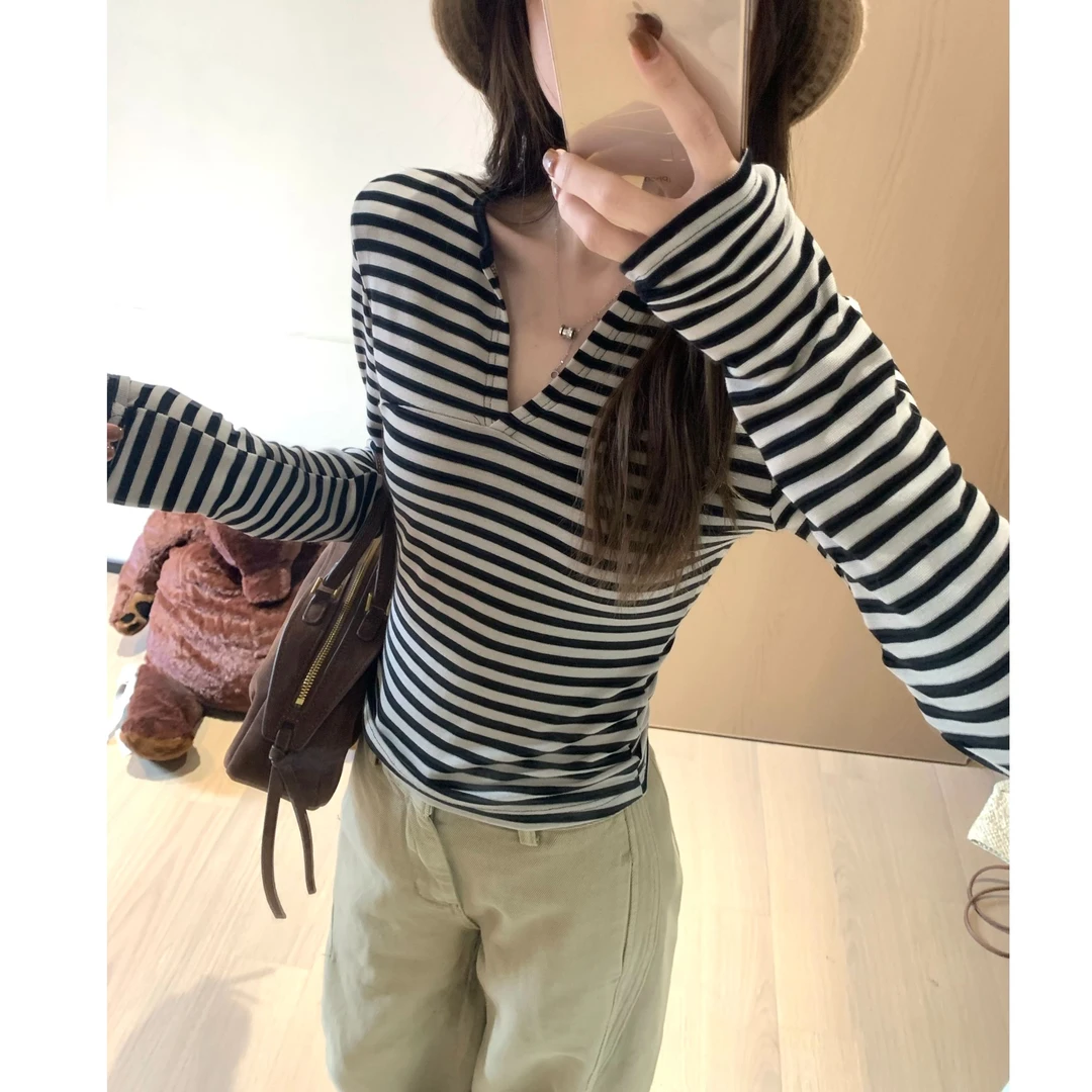 【618清清福利】V领撞色条纹美式辣妹长袖上衣80503