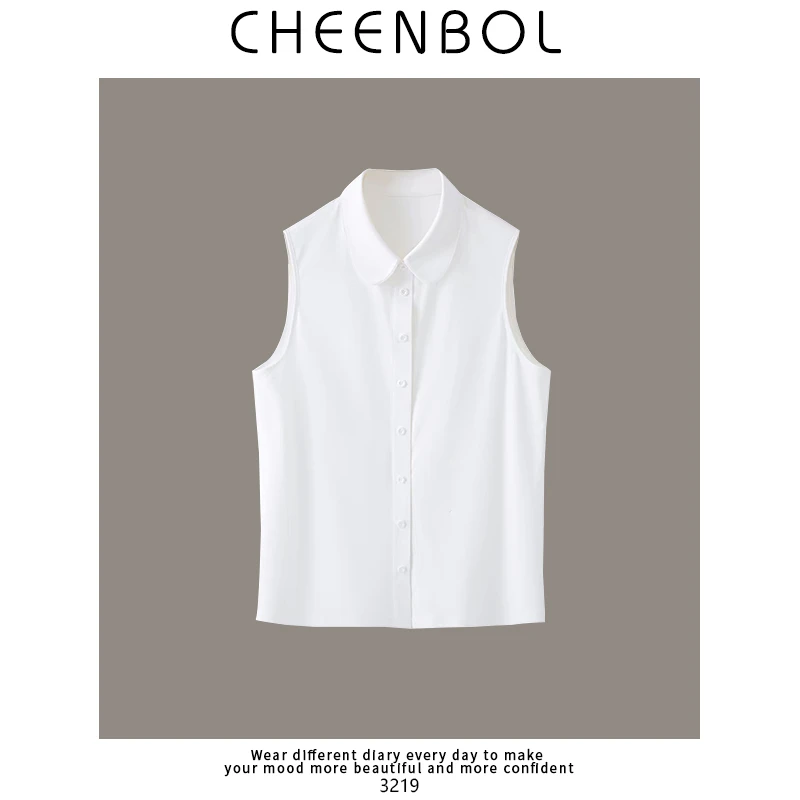 3219伊顿领衬衫女春秋新款设计感甜美无袖娃娃衫法式白色上衣