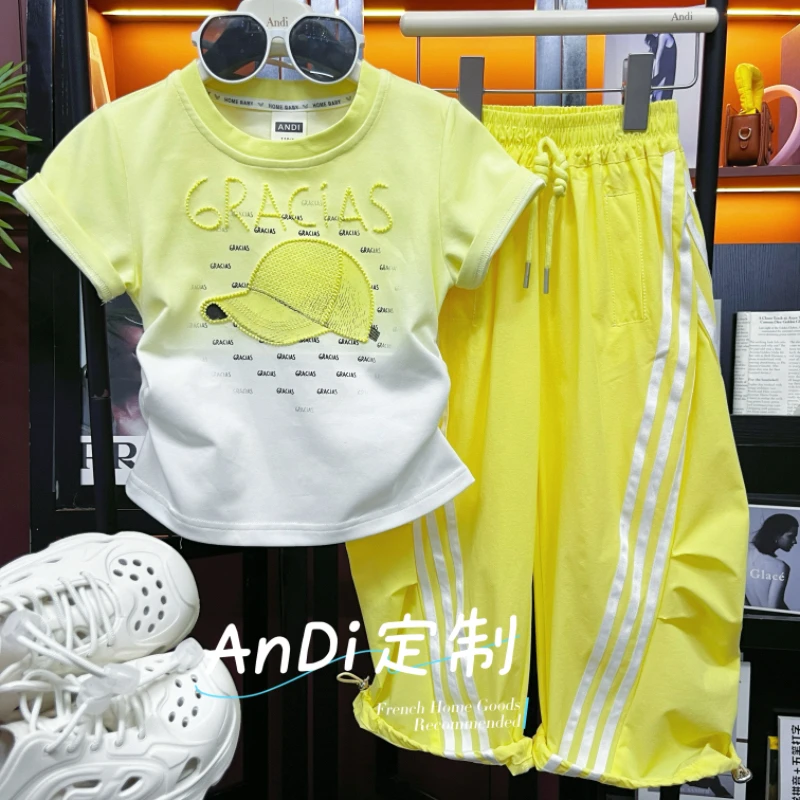 〖ANDI〗安迪订制中大童夏季新款时尚设计感拼色刺绣短袖两件套4575