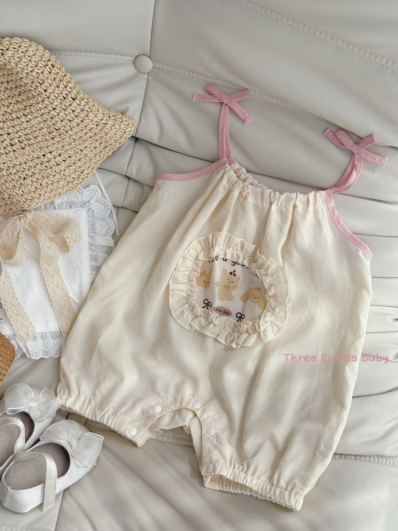三小朵2573【小贝果】婴幼儿宝宝女童夏款吊带短爬可爱清爽爬服