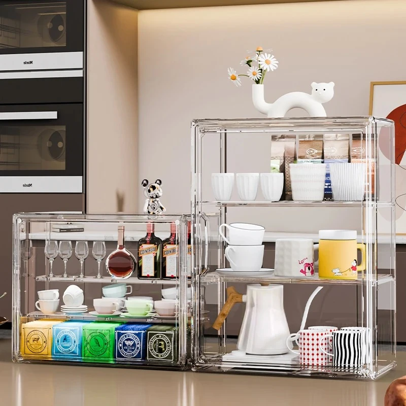水杯架家用收纳置物架透明茶具收纳盒磁吸加厚高透白酒杯收纳防尘