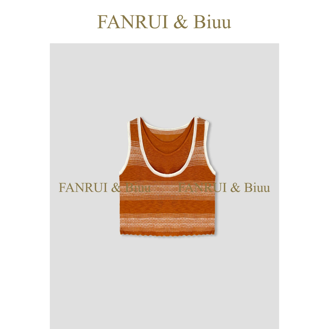 FANRUI/泛芮「泊缕」夏季复古撞色钩花显瘦无袖针织两件套女B16884