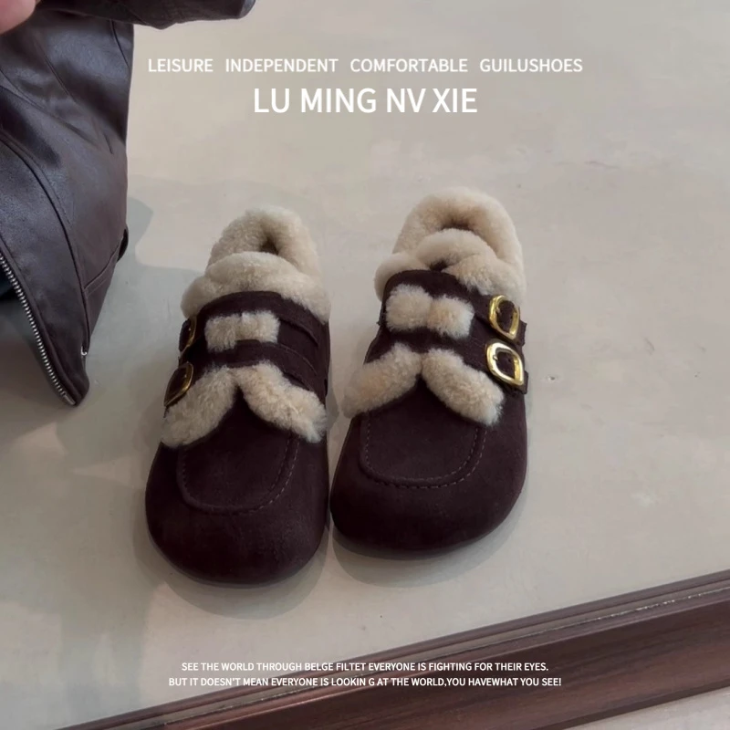 羊皮~2025秋冬新款复古圆头内增高双排扣带加绒毛毛深口勃肯鞋女