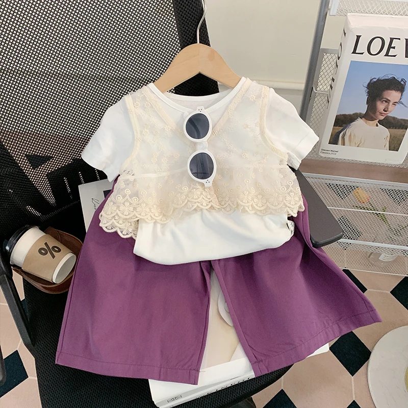 【米家原创】女童套装夏装2025新款洋气马甲短袖夏季九分裤三件套