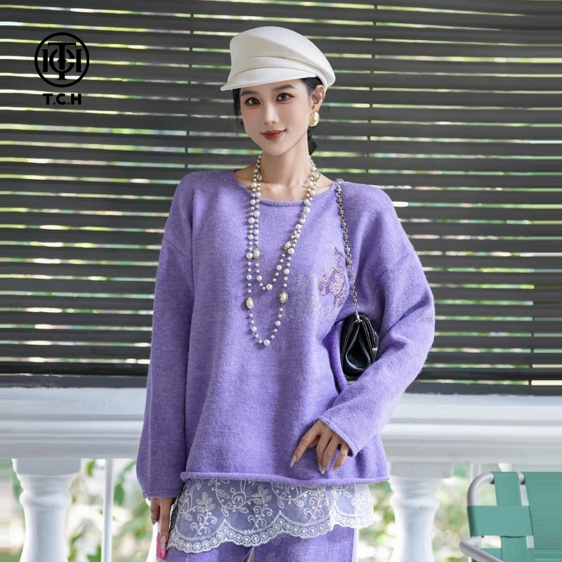 TCH私服秋款慵懒风烫钻时尚淑女紫色套装女T75C07E1072轻奢tch