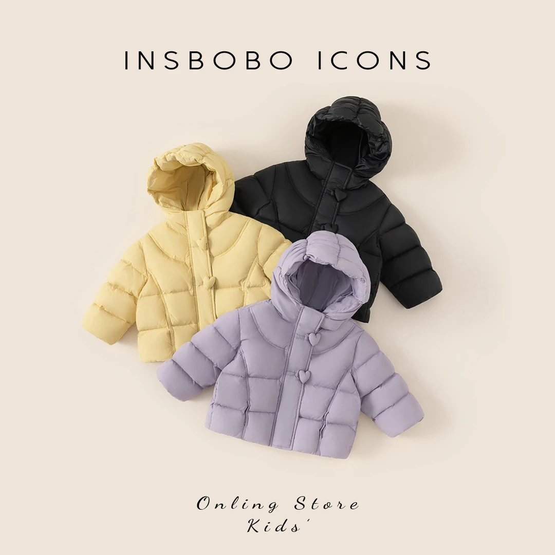 INSbobo儿童羽绒服冬季新品纯色温暖爱心扣子连帽羽绒服潮DY25001