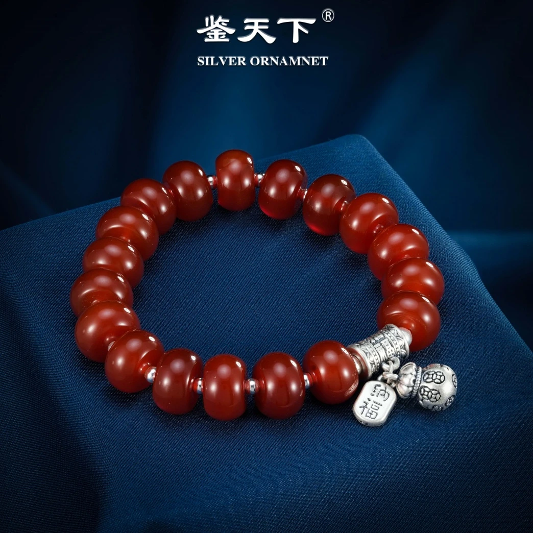 复古红玛瑙鼓珠串珠招财纳福银手链06200584