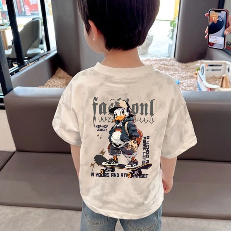 100纯棉夏季新款韩版中小童卡通唐老鸭渐变色扎染短袖T恤上衣潮t