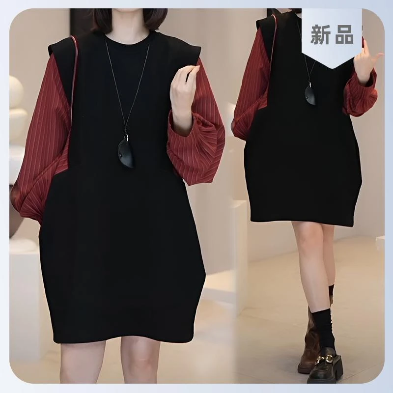 假两件拼接长袖连衣裙女2025春秋新款韩系宽松慵懒风小个子中长裙