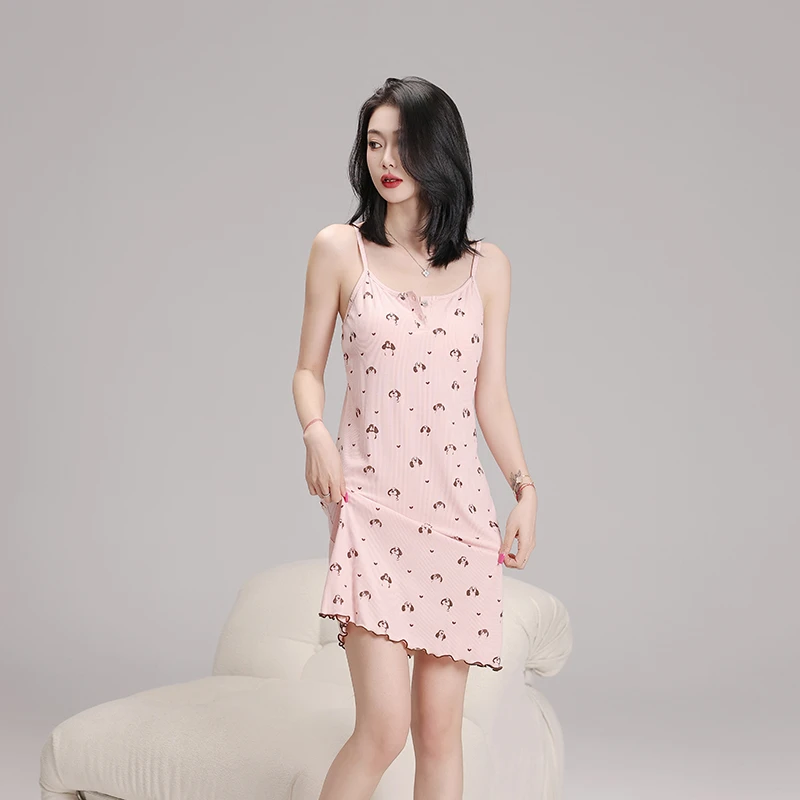 碧绒超火睡衣女夏季一字肩带胸垫吊带卡通中长款夏天可外穿睡裙