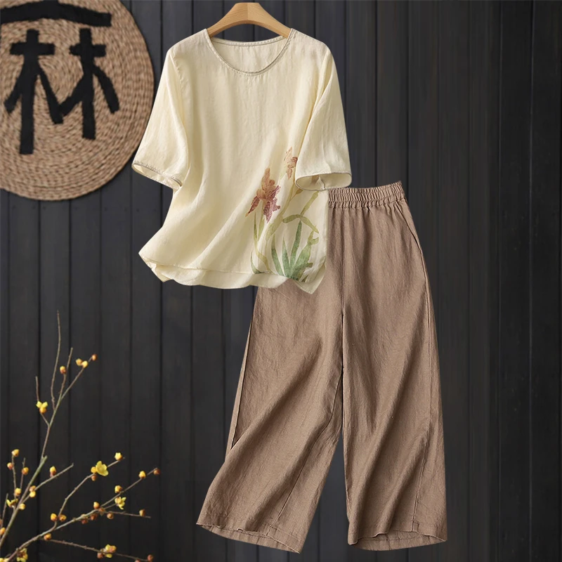妈妈夏装苎麻休闲套装女士2025新款洋气高端亚麻短袖阔腿裤两件套