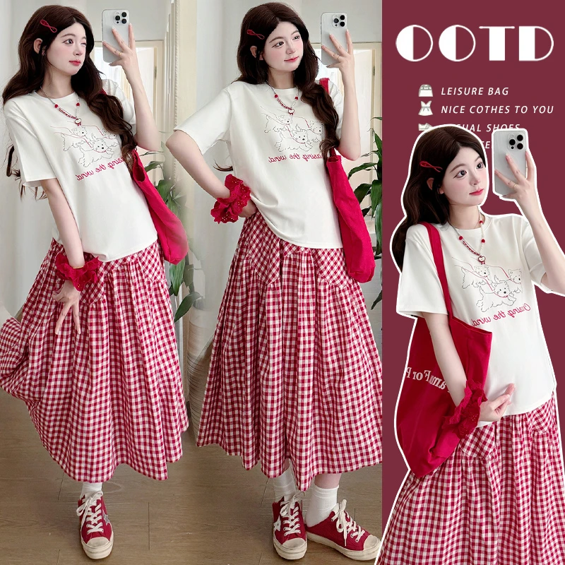 孕妇装2025春夏季新款短袖上衣百搭减龄氛围感格子孕妇半身裙套装