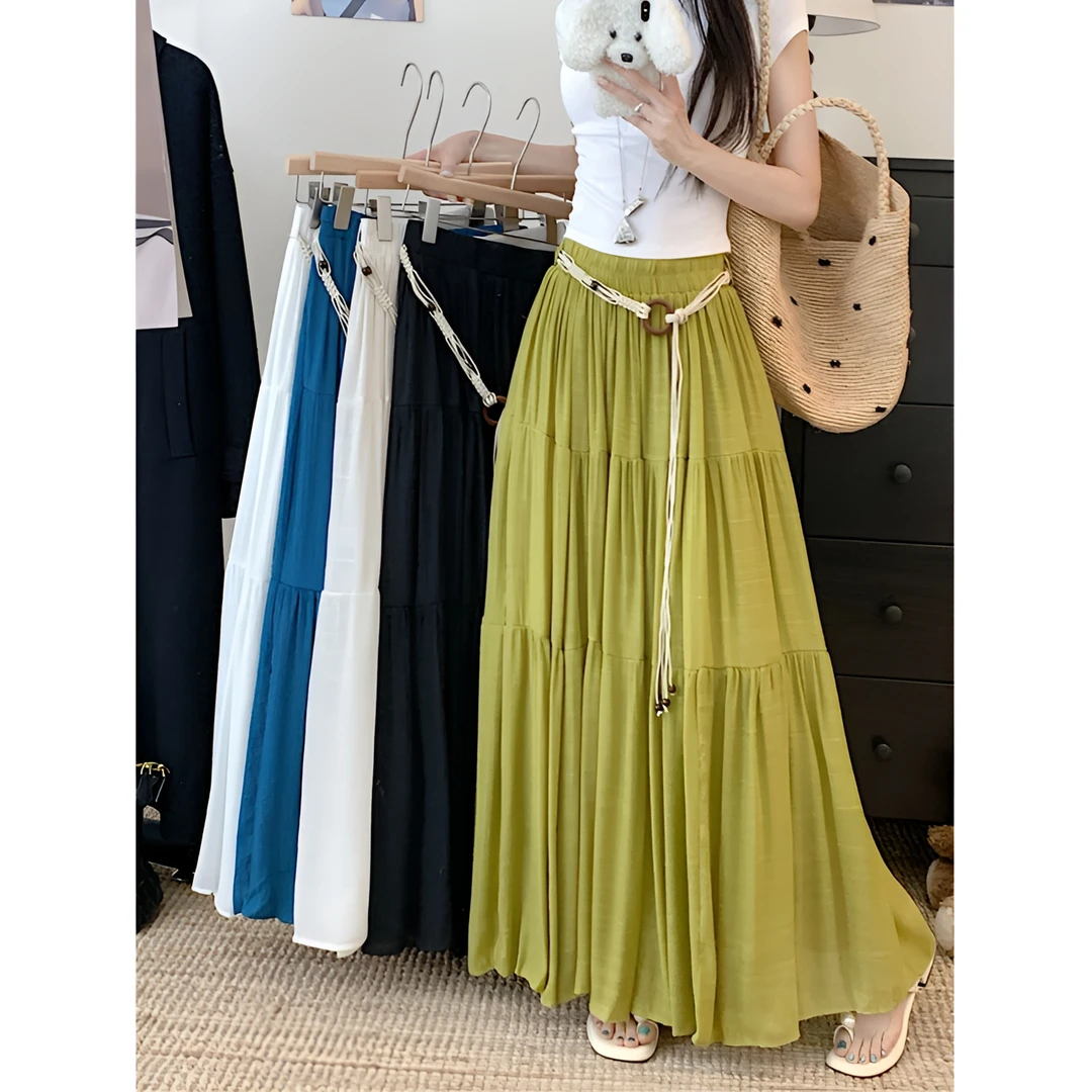 棉麻百褶半身裙女夏季法式高腰显瘦休闲垂感a字长款百搭大摆伞裙