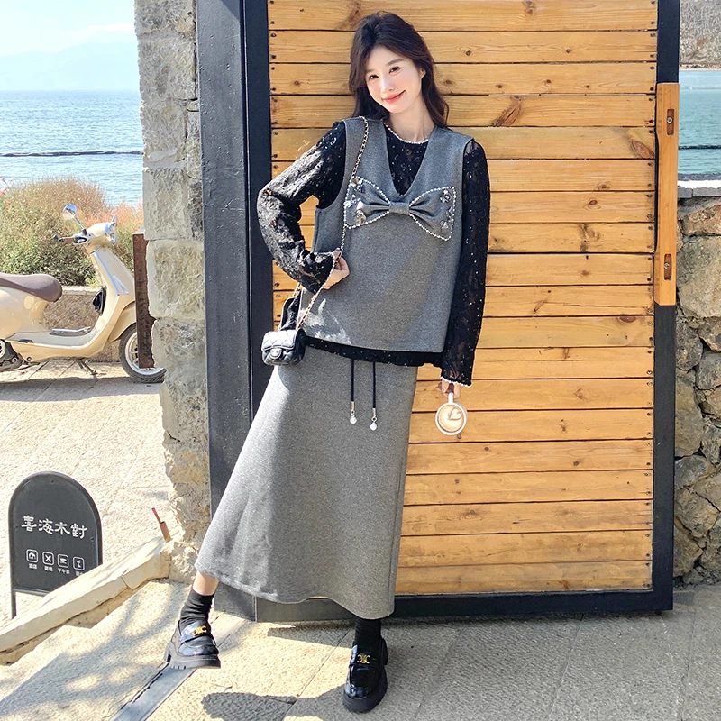 法式小香风穿搭套装裙女2025春秋新款蝴蝶结马甲小衫半身裙三件套