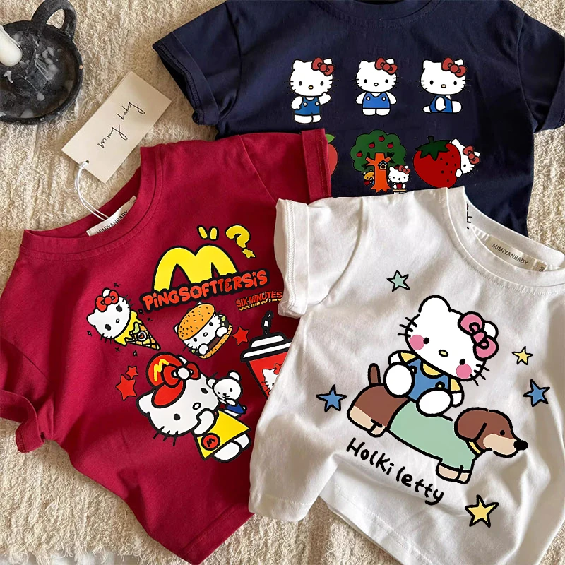 新款夏季100%纯棉可爱凯蒂猫百搭洋气短袖t恤女童上衣韩版打底衫