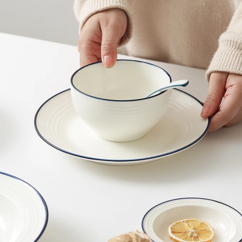 蓝线米饭碗组合装网红家用陶瓷饭碗创意简约早餐碗 6只装