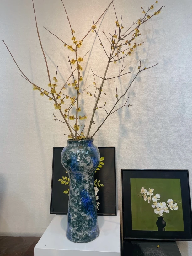 手工陶瓷花瓶蓝色系落地大口花器客厅餐厅落地插花