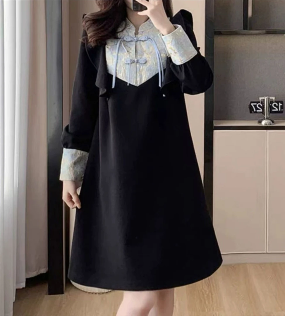 【岩心】大码女装300斤胖MM秋季时尚显瘦高级感中长款a字连衣裙911