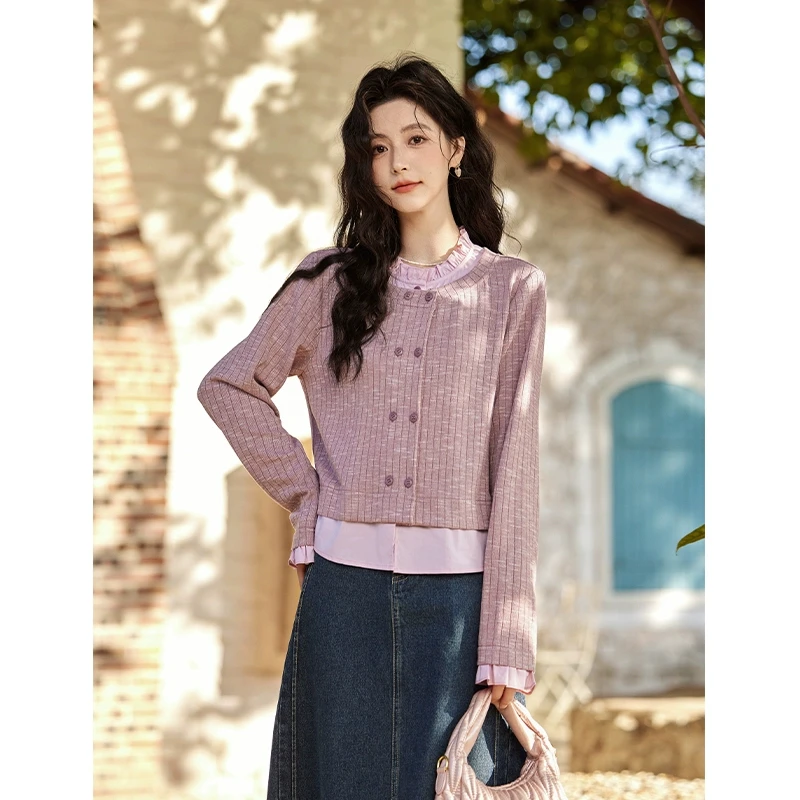 谜秀双排扣衬衫花边拼接开衫春季时尚针织减龄小清新针织气质
