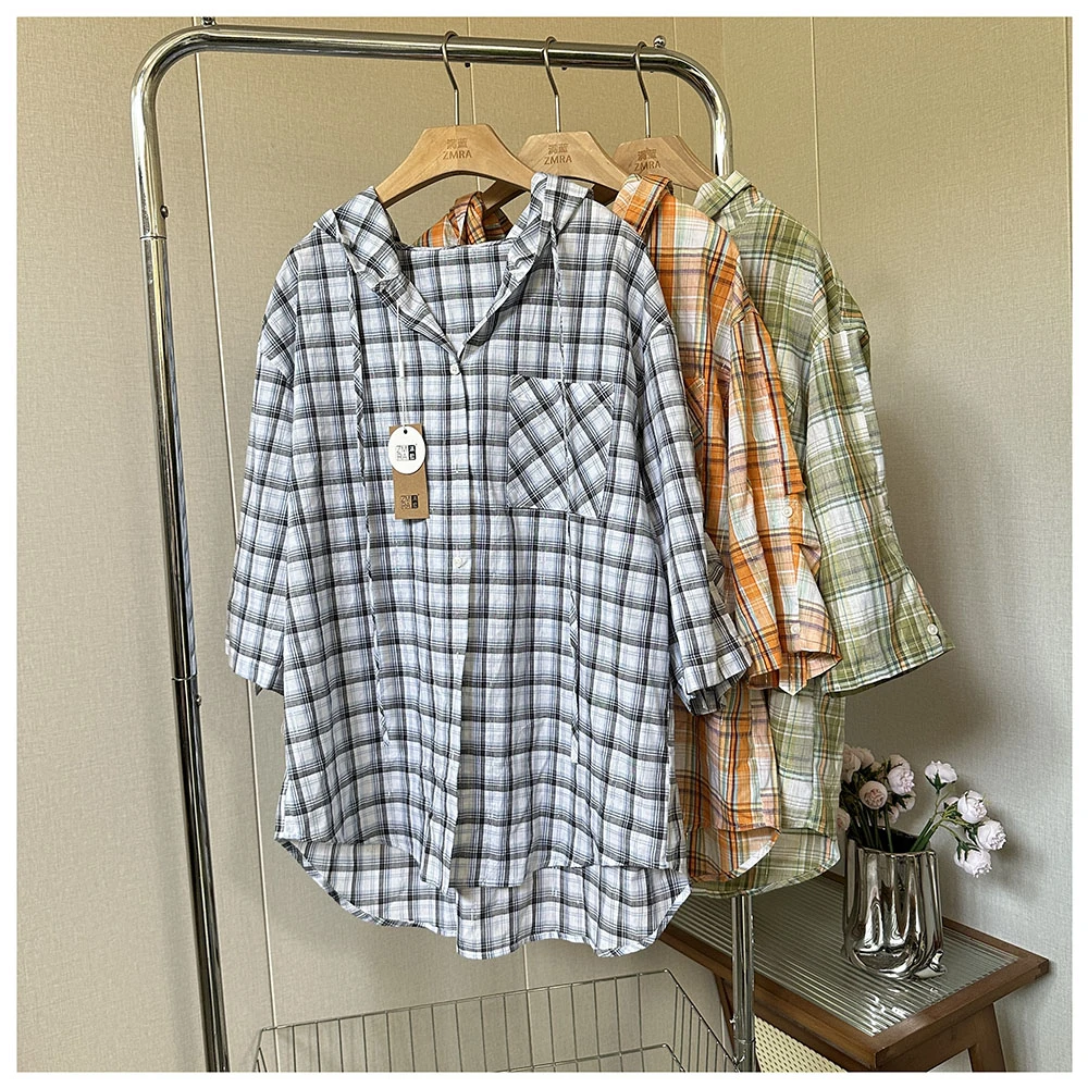 C054 夏季新款宽松格纹连帽七分袖防晒衬衫外套