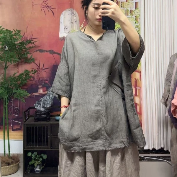 瑞舒  V领亚麻女上衣时尚百搭透气（衣长74  胸围148）