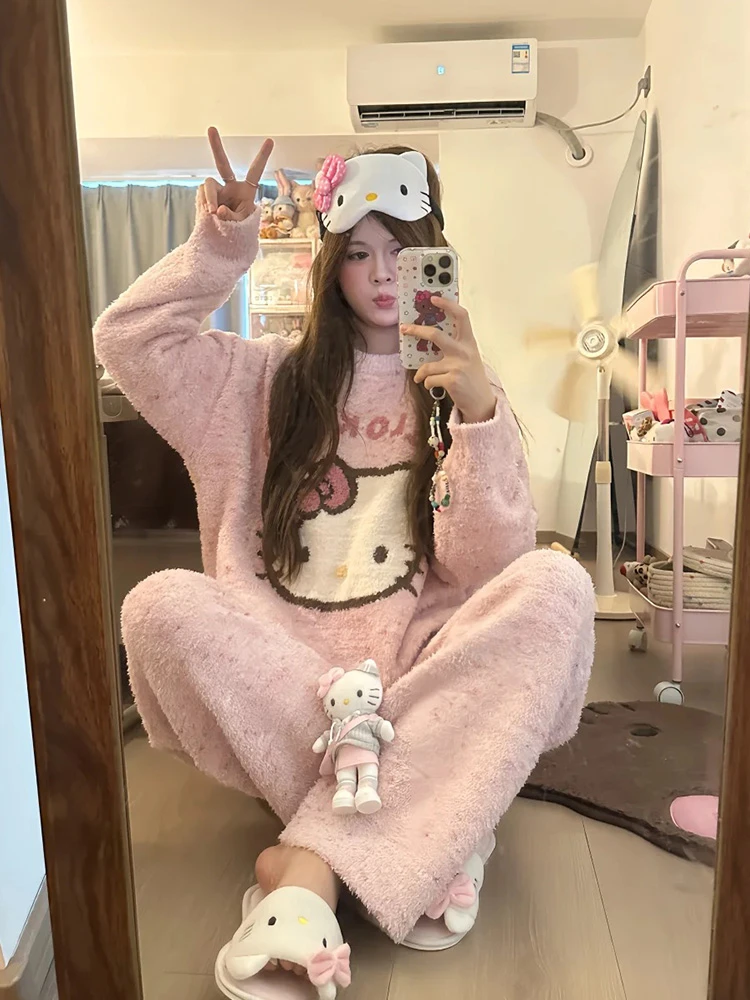 可爱甜美KT猫珊瑚绒睡衣女冬季保暖加厚加绒冬天超火半边绒家居服