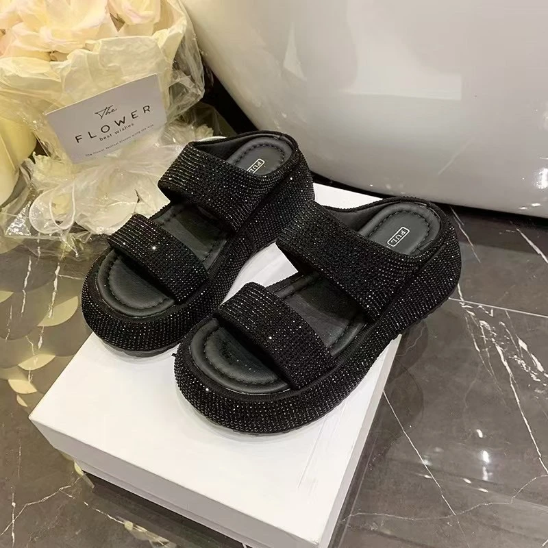 网红水钻高跟拖鞋女2024新款夏季外穿时尚一字拖厚底凉拖鞋
