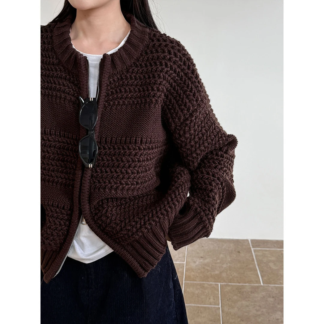 NS 韩系慵懒风加厚粗针织衫毛衣外套女秋冬双拉链圆领开衫ss896