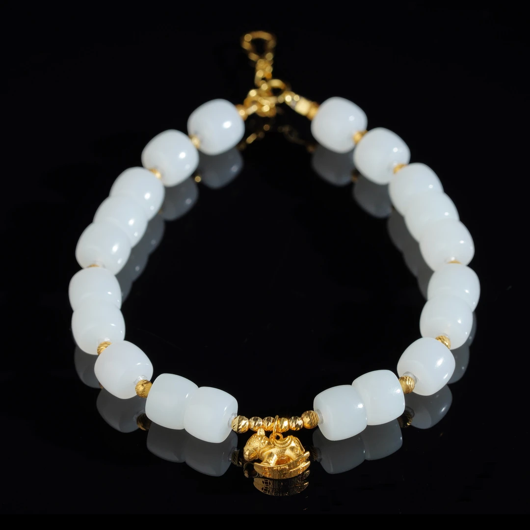 【鹿鸣】马到成功 | 18k金和田玉白玉直切手串5*7mm P168