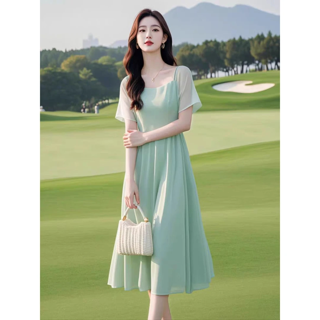 超好看漂亮法式气质绝美遮肚子显瘦仙女蓝色雪纺连衣裙子夏季长裙