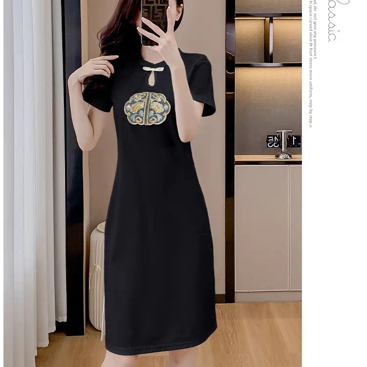 国风休闲连衣裙女夏季新款小个子时尚宽松显瘦气质开叉T恤裙子潮