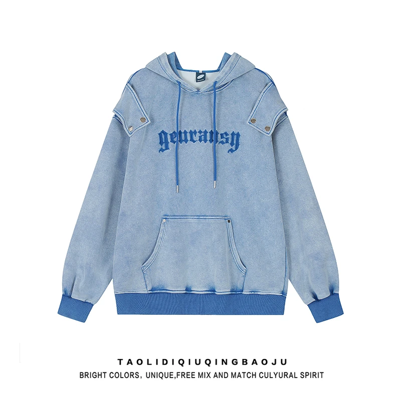 美式高街字母刺绣连帽卫衣男女高级感宽松街头情侣做旧上衣外套