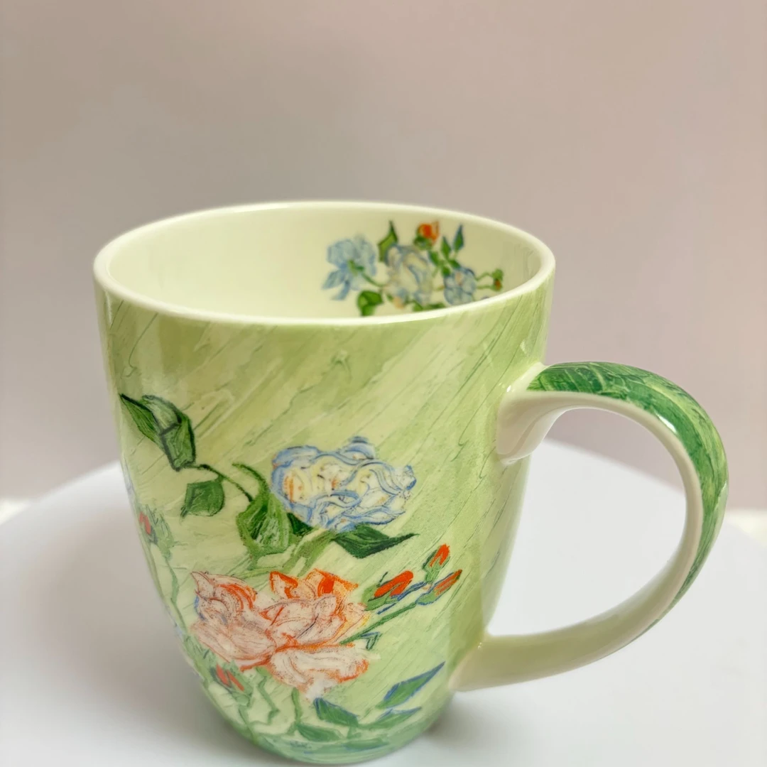 白玫瑰骨瓷马克杯家用办公杯