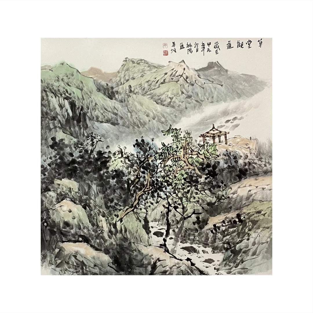 【聚优书画】羊纯阳四尺斗方68×68cm手绘青绿国画山水画家居挂画