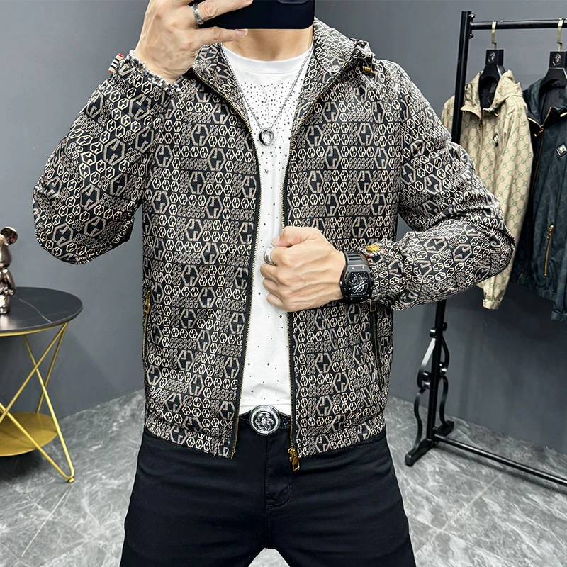 奥美普西比秋季连帽字母印花夹克男个性花色外套青年修身拉链衫服