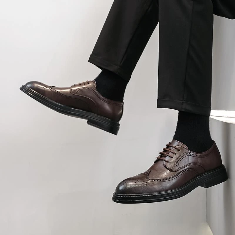 【 WOH ！官方正品 】棕色皮鞋男2025新款布洛克尖头正装商务休闲英