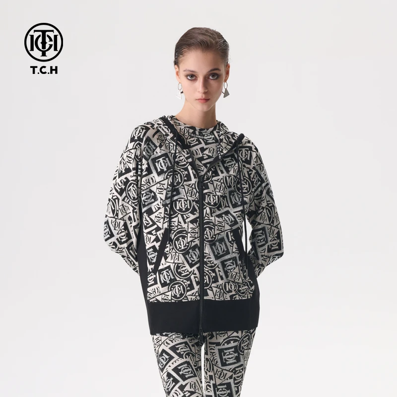 轻奢-T.C.H/2025春季新款时尚百搭烫钻连帽拉链衫T72A176040