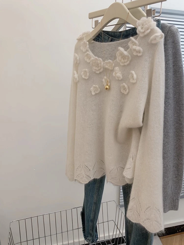 轻薄白色宽松马海毛外穿毛衣女秋2025新款慵懒风高级感针织衫上衣