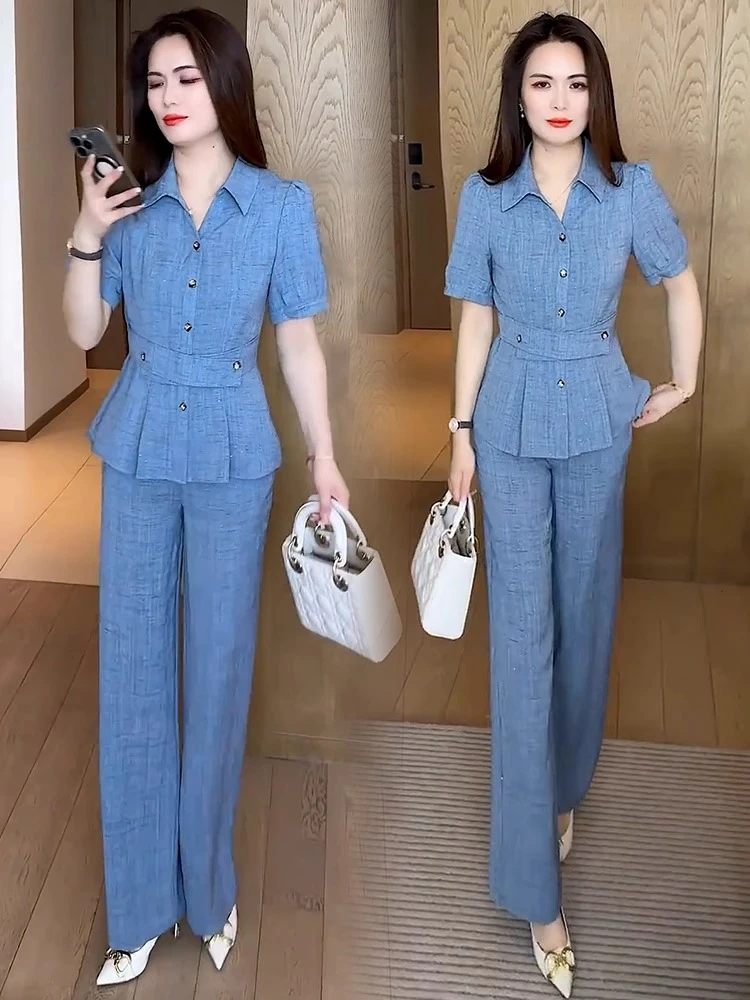 时尚套装女2025夏季新款洋气收腰显瘦短袖阔腿裤气质减龄两件套潮