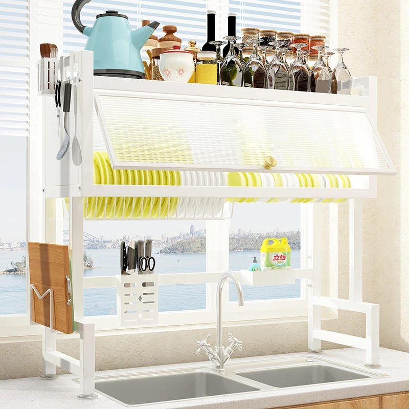 免打孔水槽置物架碗碟柜沥水台面放碗水盆碗架防尘收纳柜透明家用