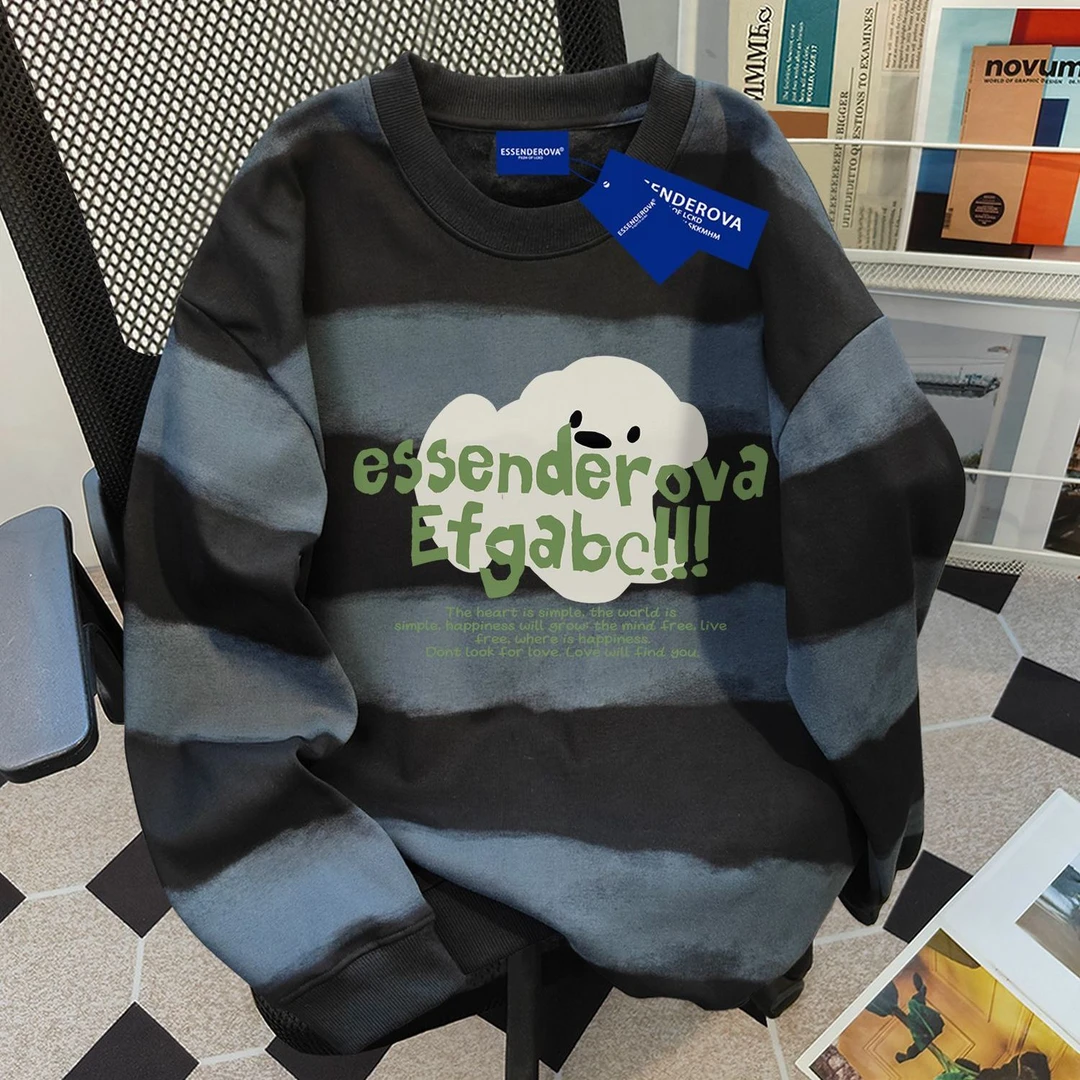 韩系小众宽松显瘦高级感圆领卫衣男女秋冬季扎染横条加绒加厚上衣