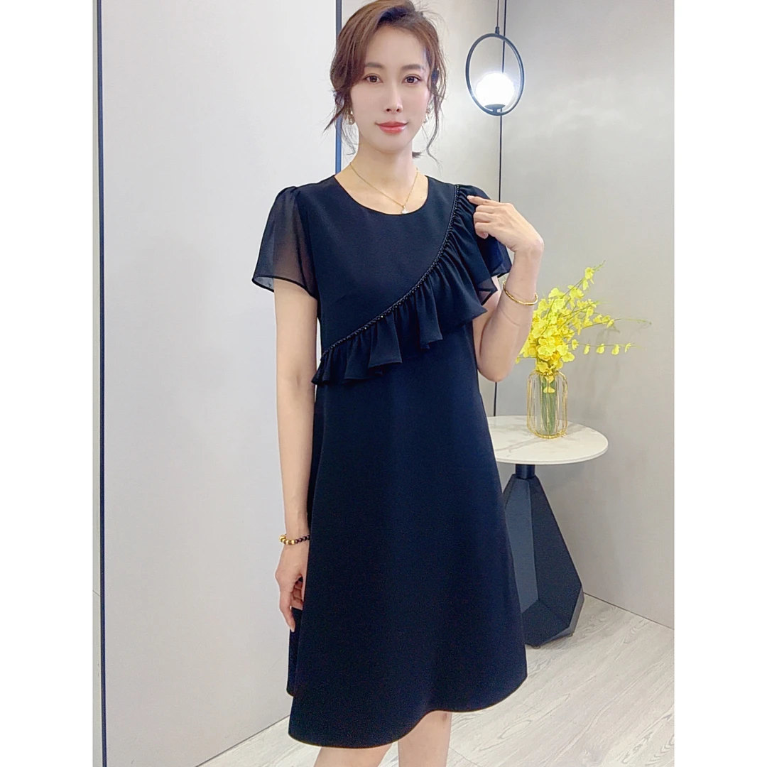 2025夏装新款淑女气质荷叶边钉珠显瘦A字连衣裙时尚设计感减龄