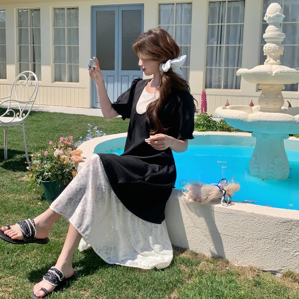 【交个朋友专属】黑色假两件蕾丝时尚连衣裙女设计感修身显瘦气质裙